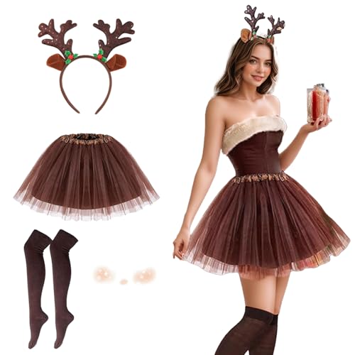 Lufdegim Reh Kostüm Damen, Karneval Rentier Damenkostüm Rentier Haarreif...
