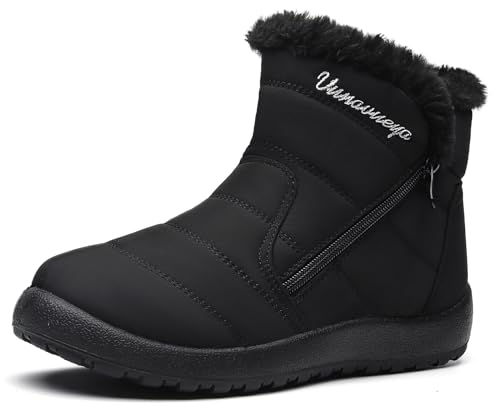 Vunavueya Zapatos Invierno Mujer Botas de Nieve Forradas Calientes Zapatillas Botines Planas Con Cremallera Mujer Casuales Boots Negro 41.5 EU_265