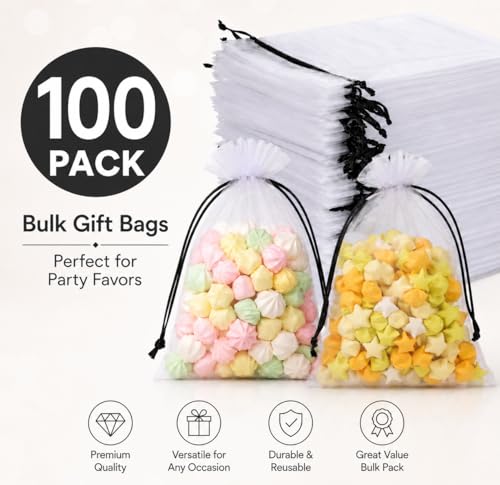 Image of Hopttreely White Organza Bags with Black Drawstring, 4x6 Inch Premium Mesh Drawstring Gift Bags for Party Favors, Jewelry, Weddings, Small Business, Baby Shower, Graduation, Candy & Goodie Bags