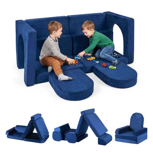 Playpals 12PCS Modular Kids Play Couch, Kids Sofa Set for Inspiring Child Creativity, Versatile Sectional Sofa for Nursery Playroom Bedroom Living Room, DIY Creativing Playroom Furniture, Blue