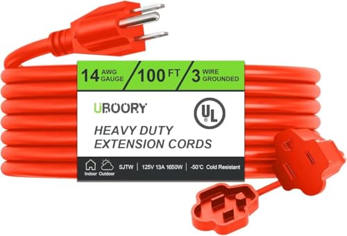 UBOORY Outdoor Extension Cord Waterproof 100 FT, Orange 14/3 SJTW Heavy Duty, Flexible 100% Copper 3 Prong Extension Cord for Lawn, Garage,UL Listed
