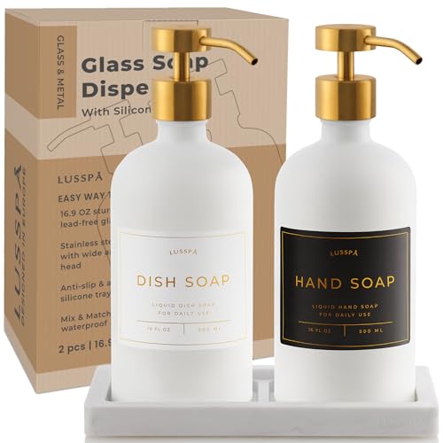 Glass Soap Dispenser Set of 2 (White) with Silicone Tray | Hand and Dish Soap Dispenser for Kitchen and Bathroom | 16.8 Oz Glass Bottles with Stainless Steel Pump & 15 Waterproof Labels (White/Gold) - image 7