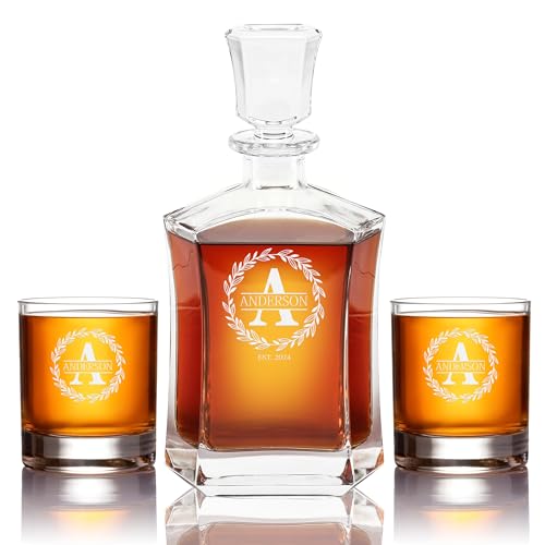 Personalized Whiskey Decanter Set - Customized Gift for Men - Engraved Bourbon Old Fashioned Classic Sleek Decanter with Optional Whiskey Glasses Set - Best Gift for Birthdays and Any Occasion