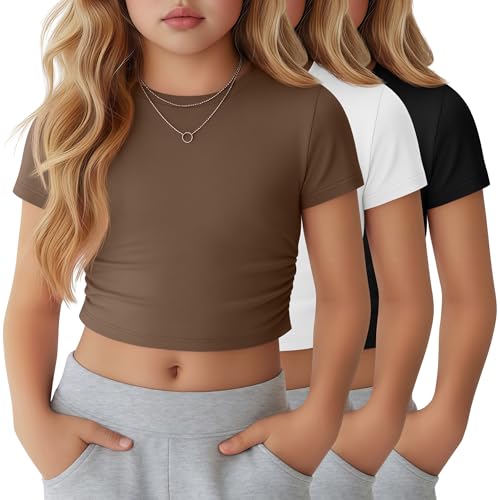 YooAurvox 3 Pack Girls Crop Tops 5-16y Short Sleeve T-Shirts Tween Girl Slim Crew Neck Ruched Casual Trendy Summer Shirts(Coffee White Black 9-10 Years)
