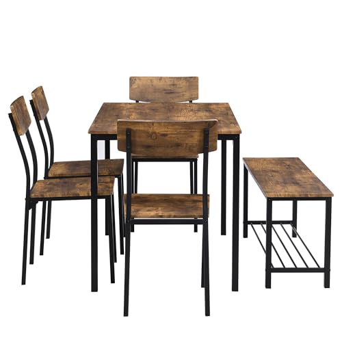 Mesa de comedor con sillas y banco – Juego de comedor para 6 personas, tablero de madera y estructura de acero de estilo industrial, ahorro de espacio para comedor, sala de estar o espacios pequeños - imagen 7