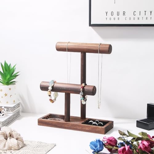Image of ByKen Necklace Holder,Bracelet Holder,Jewelry Organizer Stand with Earrings Rings Tray,Jewelry Holder for Scrunchie Watches (Wood)