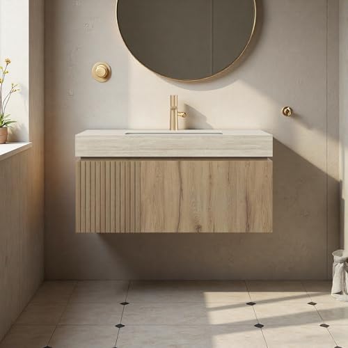 Image of 36 inch Bathroom Vanity with Sink, Wall-Mounted Plywood Bathroom Storage Cabinet with Ceramic Basin & Sintered Stone Countertop, Modern Pre-Assembled Floating Vanity with Drawer & Door, Oak