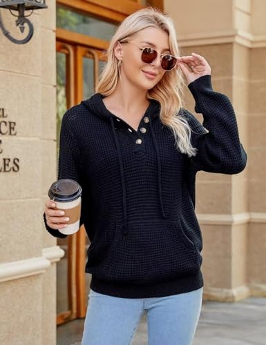 Image of VIMPUNEC Womens Fall Hoodie Sweater Long Sleeve Hooded Top with Pocket | V Neck, Button, Adjustable Drawstring, Waffle Knit, Loose Fit, Ribbed, Kangaroo Pocket