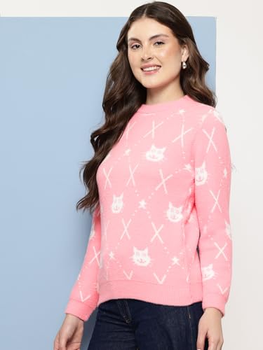 Image of Aarika Womens Winter Wear White-Pink Colour Solid Fur Sweat Shirt