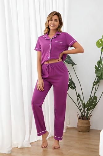 Image of 100% Cotton Pajama Sets for Women 2 Piece Long Sleeve Button Down Pjs Soft Comfy Ladies Sleepwear Lounge Sets S-XL
