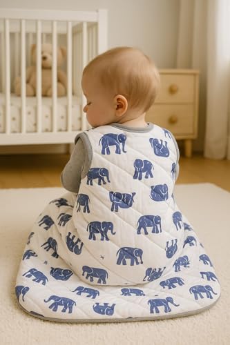 Image of TuddyBuddy Baby Cotton Wearable Quilted Sleeping Bag Blanket 1.5 Tog with 1 Way Zipper Closure | Ideal for Babies & Kids Hypoallergenic Fabrics | (Blue Elephants, 12-18 Months)