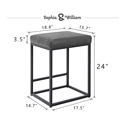 Sophia & William Counter Height 24" Bar Stools Set Of 3 Backless Bar Stools For Kitchen Island,Modern Pu Leather Square Bar Stools With Metal Steel Frame & Footrest,300 Lbs,Grey #TOP4
