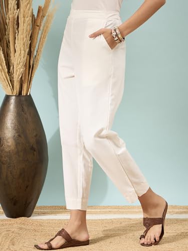 Image of D K W Women's Mid Rise Relaxed Fit Cotton Flex Trousers with Elastic Back & Drawstring - Ideal for Winter, Formal, Office & Casual Wear, Comfortable for Girls and Women