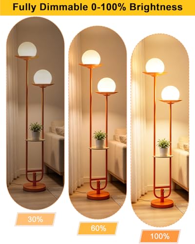 Image of Orange Dimmable Double Globe Floor Lamp with Shelf, 63 inch 2-Light Mid Century Modern Standing Lamp for Living Room Bedroom, 3000K Warm White Tall Pole Lamp with Foot Switch for Home Office