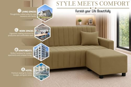 Image of Rosebell Three Seater Sofa with Ottoman | Living Room Couch | with Cushions | Sofa for Home, Apartment & Office-Golden
