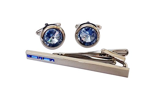 Covink Swarovski Crystal Tie Clip Blue and White Crystal Cufflinks and Tie Clip Set (Blue Set)