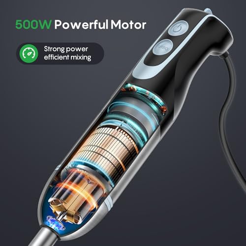 Image of Immersion Blender Handheld, 2-In-1 Hand Blender with 12-Speeds & Turbo Mode | 500W Emulsion Blender, 24oz Beaker, Stainless Steel Blade，Stick Mixer for Baby Food, Smoothies, Soups & Sauces