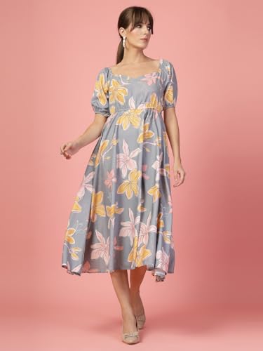 Image of OOMPH! Below Knee Shift Pink Dress in Crepe Fabric with Round Neck and Puff Sleeves - md619l