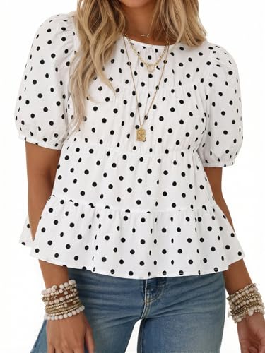 Image of Tankaneo Womens Puff Sleeve Peplum Babydoll Tops Summer Flowy Pleated Cotton T-Shirts Casual Loose Fit Cute Blouse