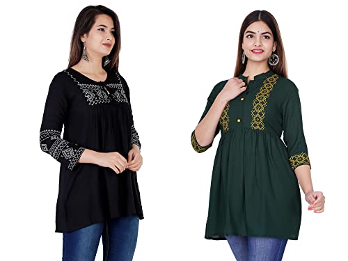 Image of Shiva Fab Short Kurti for Women | Embroidered Straight Rayon Kurta | Round Neck Full Sleeves Short Kurti for Women's