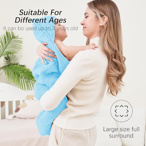 Image of SWEET DOLPHIN Muslin Hooded Baby Bath Towels - 2 Pack 100% Cotton Towel for Babies, Infants, Toddlers - 32x32Inch - Highly Absorbent and Newborn Essential, Blue