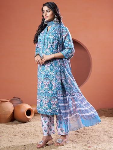 Greciilooks Womens Regular Cotton Blend Regular Fit Kurta Set (Turquoise, Xx-Large)