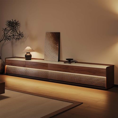 Image of POVISON Fully-Assembled Mid Century Glossy Sintered Stone TV Stand, 118.11 inch Wood Media Console with Adjustable LED Light, Entertainment Center with Storage for Living Room(Walnut)