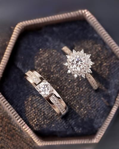 Classic Floral Cube Zircon Couple's Rings Plated Simulated Moissanite, Dainty Timeless Design, for Couple, Wedding Engagement Ring Bridal Sets, His Hers Matching Wedding Bands LCC1122-P