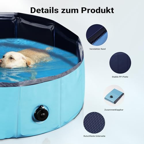 Fudajo Hundepool 80 x 30 cm rutschfestes Hundeplanschbecken, Hundeschwimmbad faltbar aus PVC, Hundebadewanne mit verstärkten Kanten, tragbarer Pool für Hunde
