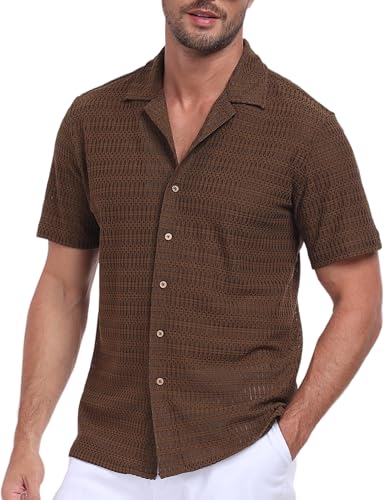 Men's Short Sleeve Button Shirts Sheer Lace Knit Textured Hawaiian Shirt for Men Cuban Collar Casual Summer Beach Tops, Solid Brown, Medium