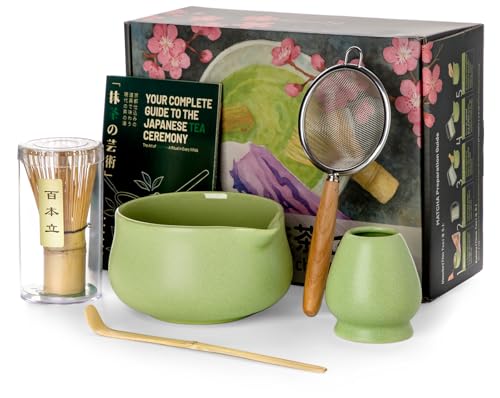 Nucookery Matcha Whisk Set - 5 Pcs Matcha Set with 18oz Ceramic Matcha Bowl (Chawan) with Spout, Bamboo Whisk & Holder, Scoop and Sifter | Complete Matcha Kit for Japanese Tea Ceremony
