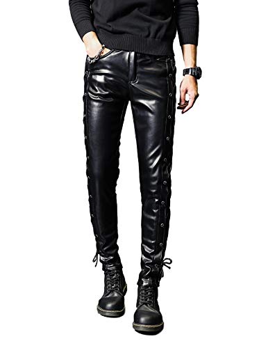 Idopy Men`s Rock Steampunk Lace Up PU Leather Pants Slim Fit