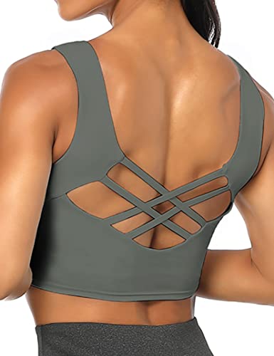 KOJOOIN Women's Yoga Bra Padded with Racerback Crop Tank Tops Gym Running Workout Scoop Neck Athletic Tank Tops Green S