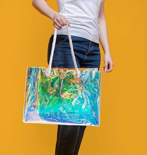 Holographic Beach Tote Bag, Clear Iridescent Design, Rope Handles, Large4