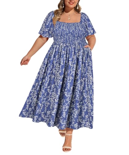 RITERA Plus Size Dresses for Curvy Women Square Neck Short Sleeve Summer Floral Smocked Maxi Dress with Pocket XL-5XL
