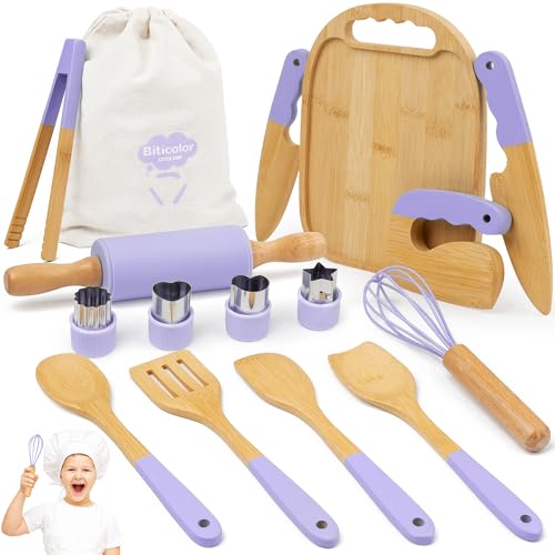 Kindermesser Set – 15-teilig mit sicherem Kiddikutter, Holzmesser Schneidebrett – Montessori Küchenset zum Schneiden Lernen ab 3 Jahre (Lila)