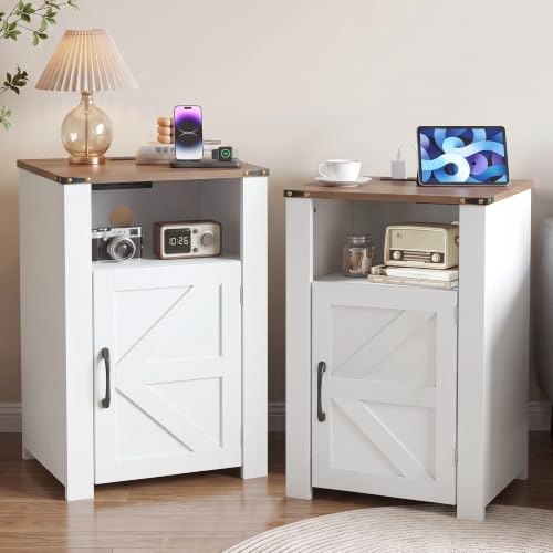 Image of VECELO Set of 2 Farmhouse Nightstands with Charging Station, Rustic Wooden Bedside Tables,End Tables with Open Shelf & Hidden Storage Cabinet for Bedroom, Living Room, White