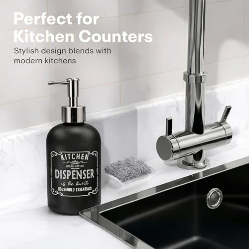 Image of Luxe Home International Kitchen Dispenser Print Glass Soap Dispenser for Bathroom and Kitchen Sink Leak Proof Liquid Hand Wash Round Bottle Lightweight Smooth Finish (19.5x7.5 cm Black) Pack of 1