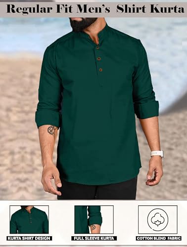 Image of ROYALSCOUT Men Cotton Blend Short Kurta with Mandarin Collar and Button Placket | Full Sleeve Regular Fit Ethnic Wear for Casual and Festive Use