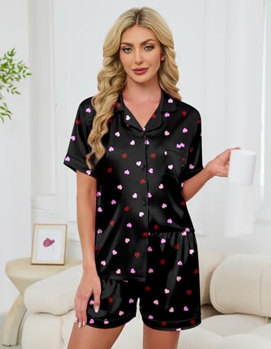 Image of Schbbbta Women Pajamas Set, 2 Pieces Satin Silk Button Down Pjs Short Sleeve Outfits Loungewear