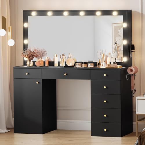 YITAHOME-56-Makeup-Vanity-with-Mirror-and-Lights-Large-Vanity-Desk-Mirror-with-12-LED-Hollywood-Lights-7-Drawers-Cabinet-Power-Outlet-3-Light-Modes-Dressing-Table-for-Bedroom-Dark-Black YITAHOME 56 Makeup Vanity with Mirror and Lights Large Vanity Desk Mirror with 12 LED Hollywood Lights 7 Drawers Cabinet Power Outlet 3 Light Modes Dressing Table for Bedroom Dark Black