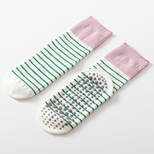 Image of Verdancy Yoga Pilates Socks with Grips for Women Non Slip Striped Cushioned Crew Socks for Barre Ballet Dance