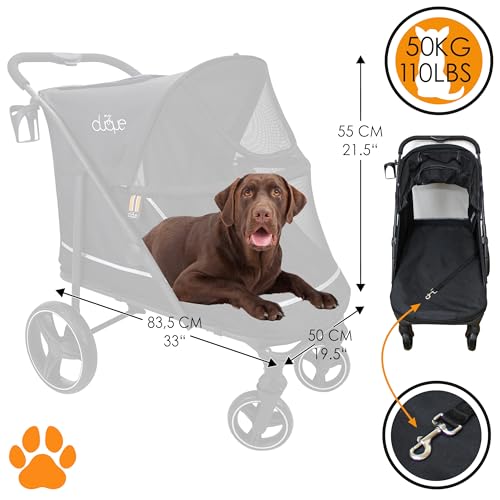 MY DUQUE – Hundebuggy Hundewagen CHAMP – XL Buggy große Hunde, geräumig, Haustierwagen, Katze, Hund, Zusammenfalten, inkl. Regencover, Getränkehalter, Stauraum, max. Last 50kg/110lb, Schwarz