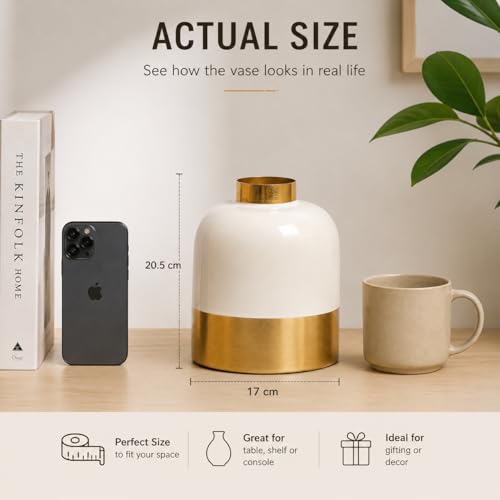 Image of MARKET 99 Golden & White Iron Enamel Flower Vase, Decorative Metal Vase for Fresh & Artificial Flowers, Table Centerpiece for Living Room, Office, Hotel, Restaurant, Reception & Home Decor