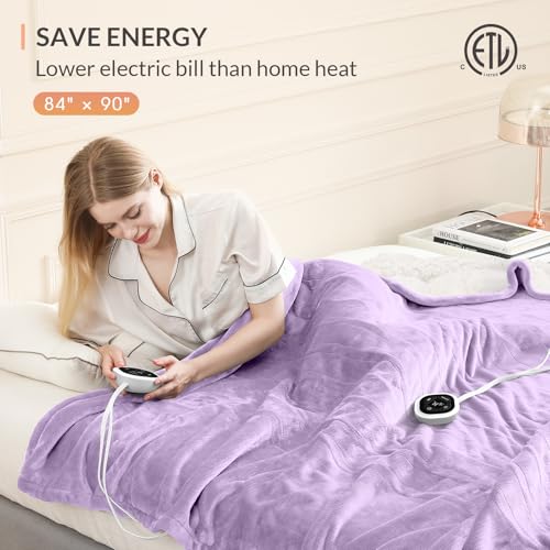 Image of HOMLYNS LuxeHeat Heated Blanket Electric Blanket Queen Size, Soft Flannel Sherpa Heating Blanket with 10 Heat Settings, 1-10 hrs Timer Auto Shut Off (84x90 inches, Purple), Only for 120V Voltage Use