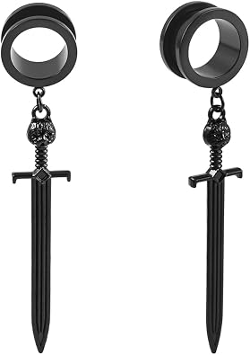 DOEARKO 2PCS Ear Gauges Cool Sword-Pendant 316 Hypoallergenic Stainless Steel Dangle Ear Plugs Tunnels Gauges Stretcher Pair Selling 2g 0g Piercing Body Jewelry
