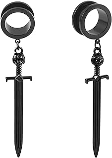 DOEARKO 2PCS Ear Gauges Cool Sword-Pendant 316 Hypoallergenic Stainless Steel Dangle Ear Plugs Tunnels Gauges Stretcher Pair Selling 2g 0g Piercing Body Jewelry