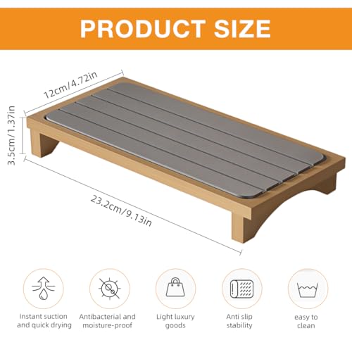 Image of HASTHIP Bathroom Organizer Rack, Small Wood Tray with Diatomite Drain Pad, Minimalist Bathroom Kitchen Organizer Holder for Hand Soap, Scented Candle, Toiletries