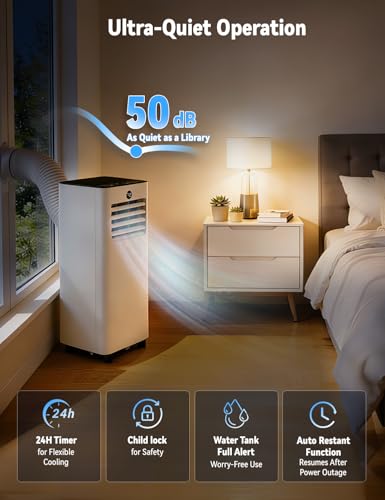 Image of 8000BTU Portable AC, 4-in-1 350 Sq. Ft, Quiet for rooms | Quiet 8000BTU AC cools 350sq.ft, 4-in-1 cool /fan /dry /sleep, remote, timer, LED, window kit, for bedroom /office /dorm.