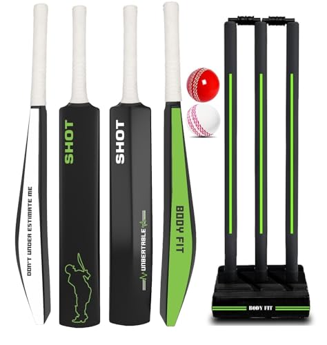 Image of Bodyfit Shot Premium Cricket Bat for Men, Women & Children | Lightweight| Full Size| | Hard Plastic Bat| Premium Cricket Wicket Set l 3 Stumps+2 Bails+1 Stand Set, 2 Balls (Black-Green)